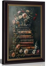 Vintage Black Gold Framed Floral Books Canvas Wall Art 11L"x9W" black gold