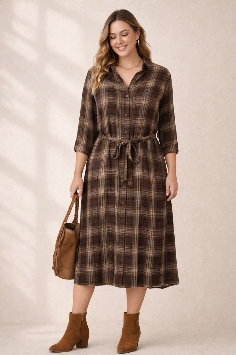 slim fit dress slacks The Evette Mocha Brown Tartan Plaid Cotton Zip Front Midi Dress S / Mocha