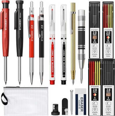 17 Pack Mechanical Carpenter Pencil Set with Sharpener 40 Red+Black(17pcs) 