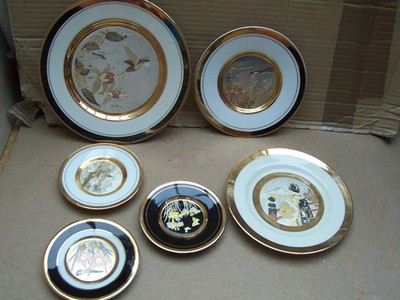 Sechs Art of Chokin 24k Goldrand Schale Teller Kupfer Silber Japan Vintage
