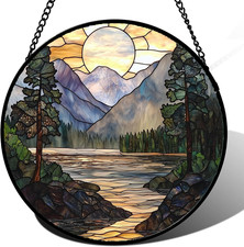 Stained Glass Window Hanging, Sunset Mountains Lake Tree Sun Catcher for Window