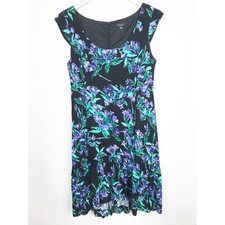 Ann Taylor Dress Womens 8 Black Purple Green Dark Floral Cap Sleeve Cottagecore