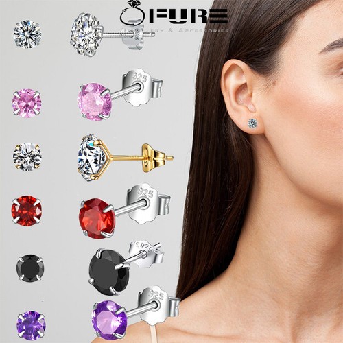 100% Solid 925 Sterling Silver Small Sleeper Cubic Zirconia Stud Earrings Women