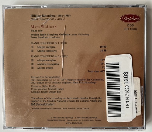Hilding Rosenberg Piano Concertos 1&2 Mats Widlund 1998 Daphne Sealed Cd - Picture 2 of 2