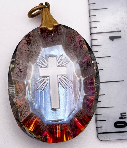 Vintage antiker Kreuz Intaglio geschliffen Kristallglas Anhänger 1930er 1,25" - Bild 5 von 5