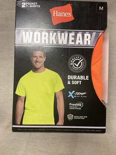 Hanes Men's T Shirt 2 Pack Medium Pocket Short Sleeve Safety Orange Workwear