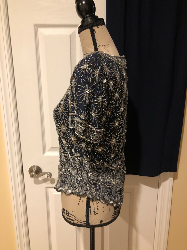 Ensemble Soirée Papell Boutique - Blouse En Soie à Perles Et Jupe, Bleu Marine Et Argent, Taille 8, Occasion TB