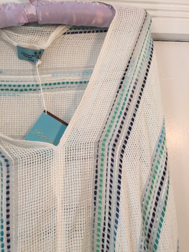 NWT Letarte Open Weave Topper Metallic Striped White Blue Silver Green Poncho - Picture 3 of 9