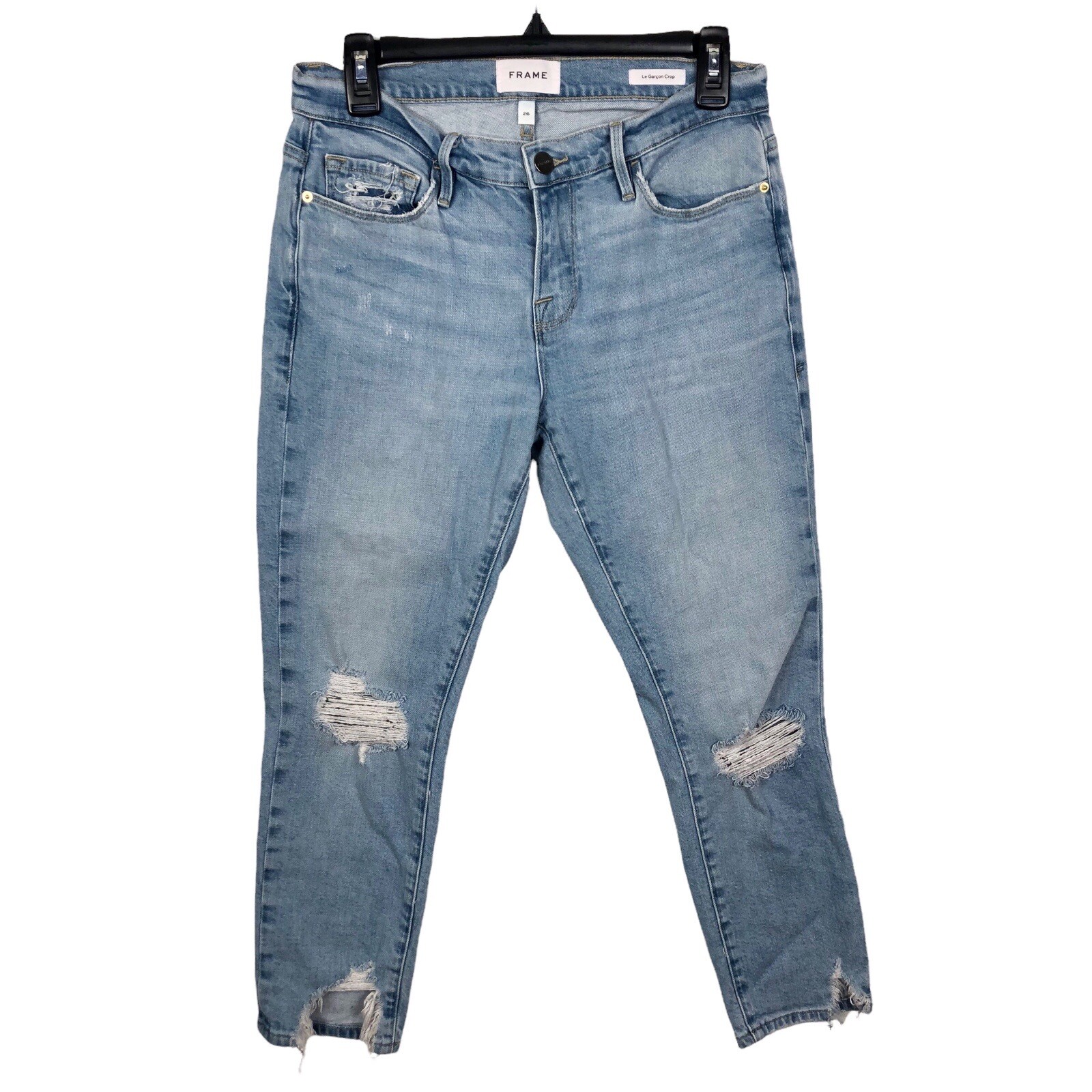 Frame Le Garcon Crop Distressed Blue Jeans in Bathe W… Gem