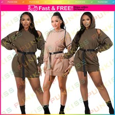 Women's Double Zipper Hooded Mini Dress Cotton Seamless Long Sleeve Zippers