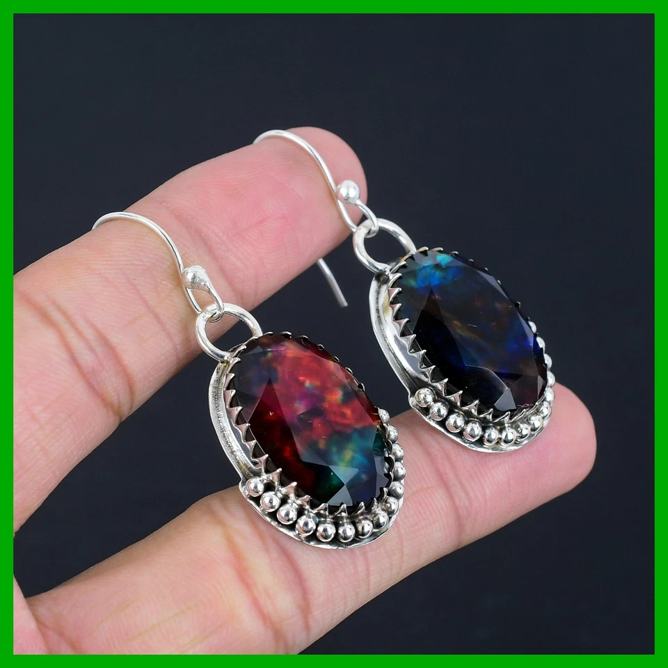 Женский день продажи 925 Серебряный овальный натуральный аммолит крюк падение подвеской безель серьги - Изображение 4 из 4