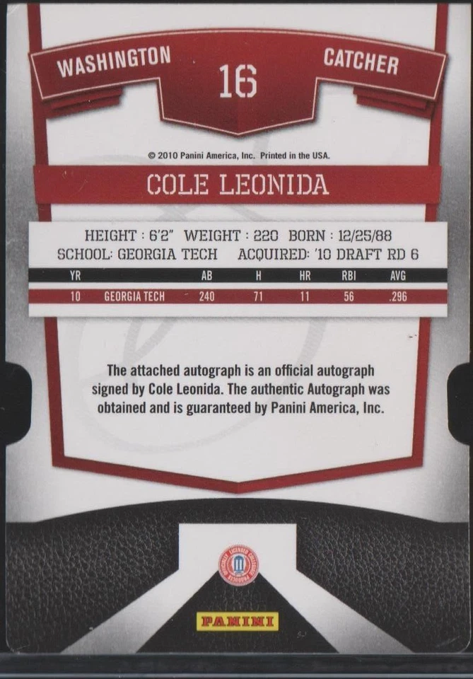 Cole Leonida (Nationals) 2010 Donruss Elite Aspirations Die-Cut RC Auto 094/100 - Image 2 of 2