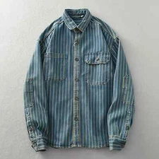 Heavy vintage washed vertical stripe denim shirt men's loose size cotton long