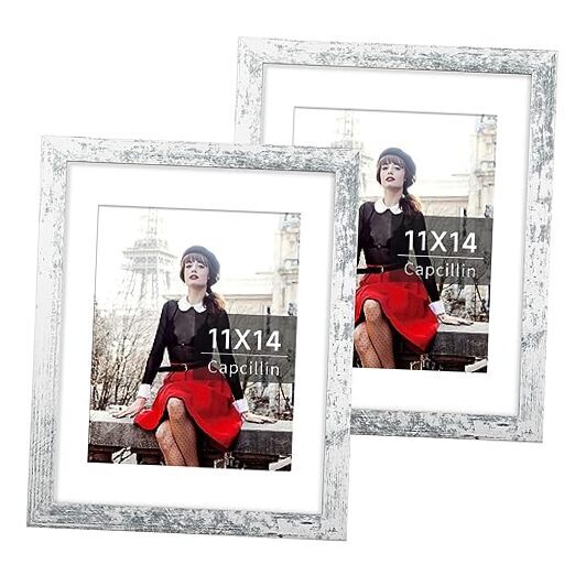 Picture Frame Wood Set of 2 with Glass, Display Pictures 11x14 Rustic White