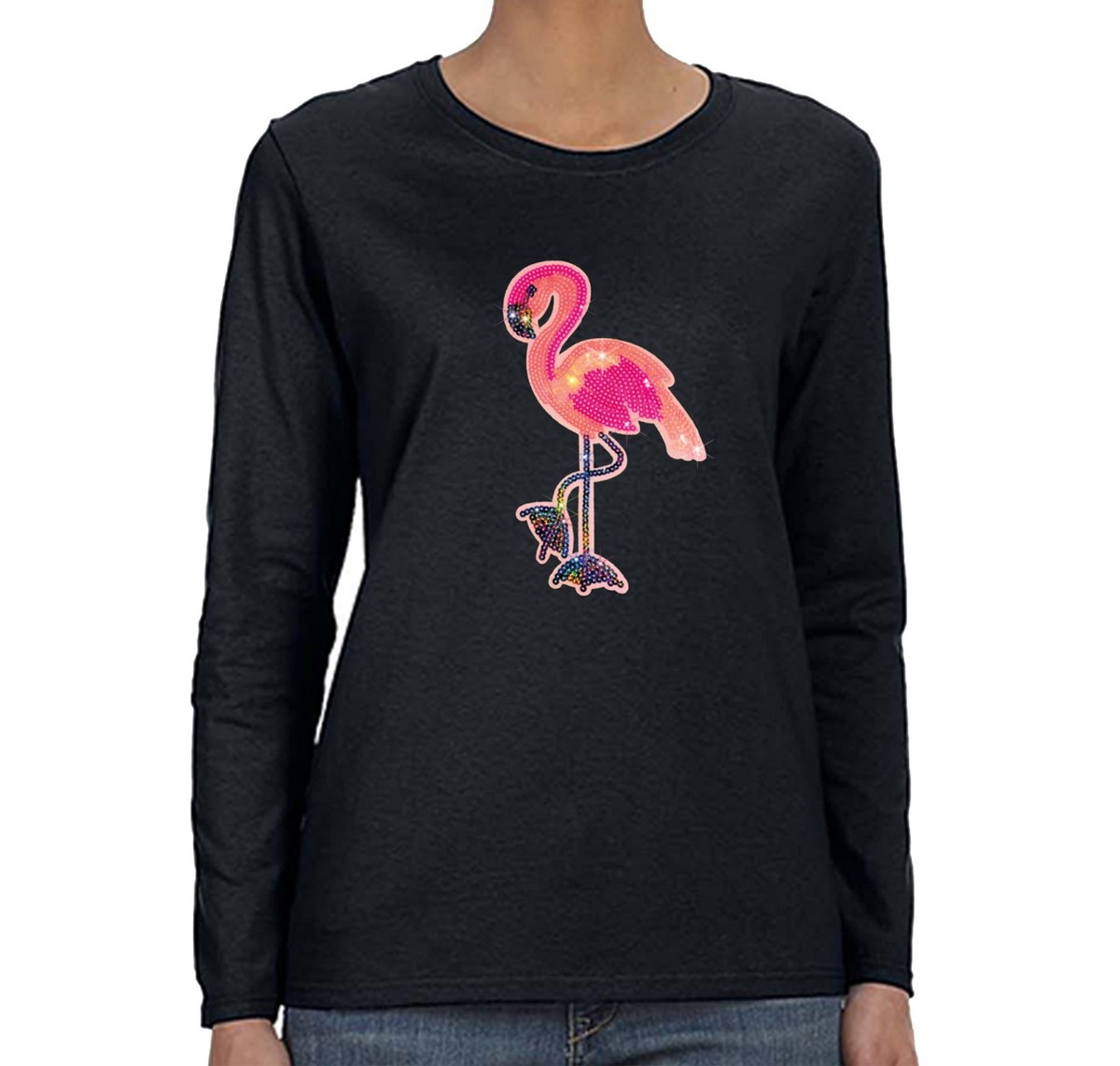 Womens Flamingo Vacation Sparkle Bling Gift Sequin Sequined Long