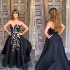 Black Evening Satin Applique Draped Celebrity A-line Strapless Gown Long Dresses