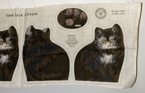 Antique 1892 Arnold Print Works Original GOOD LUCK KITTENS Cat Linen Fabric Panl - Picture 3 of 6