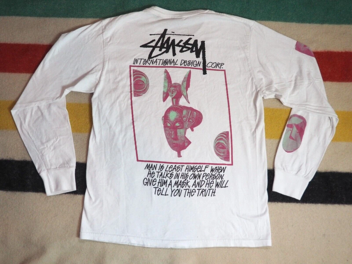 VTG Y2k STUSSY Design Mask Indigenous White Graphic Logo Tee T
