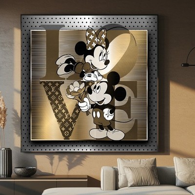 XL LEINWAND BILDER BIS 140x140x5 MICKY & MINNI-MAUS LOVE LIEBE GOLD-SILBER-OPTIK
