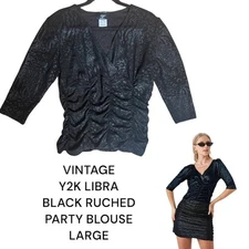 VTG. Y2K LIBRA BLACK RUCHED BLOUSE TOP LARGE EUC