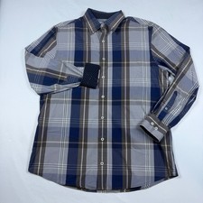 Nick Graham Plaid Shirt Mens Large Blue Grey Stretch Modern Fit Contrast Cuffs