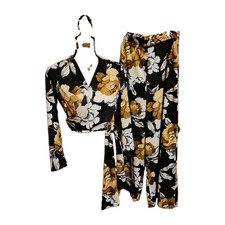 Womens 2 Pc Set Big Floral Vintage Wrap Tie Top Wide Leg Pants Outfit 70's MOD