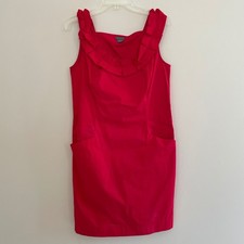 Ann Taylor Red Ruffle Neck Sheath Dress Sleeveless Pockets Career Womens Size 8