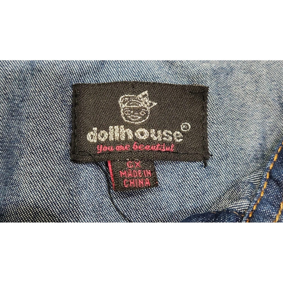 Top de mezclilla para casa de muñecas niñas con botones corbata frontal sin mangas rosa ribete de encaje talla 6X Foto 3 de 4