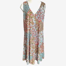 Anne Klein Dress Women 12 Multi-Color Abstract Feather V-Neck Sleeveless A-Line
