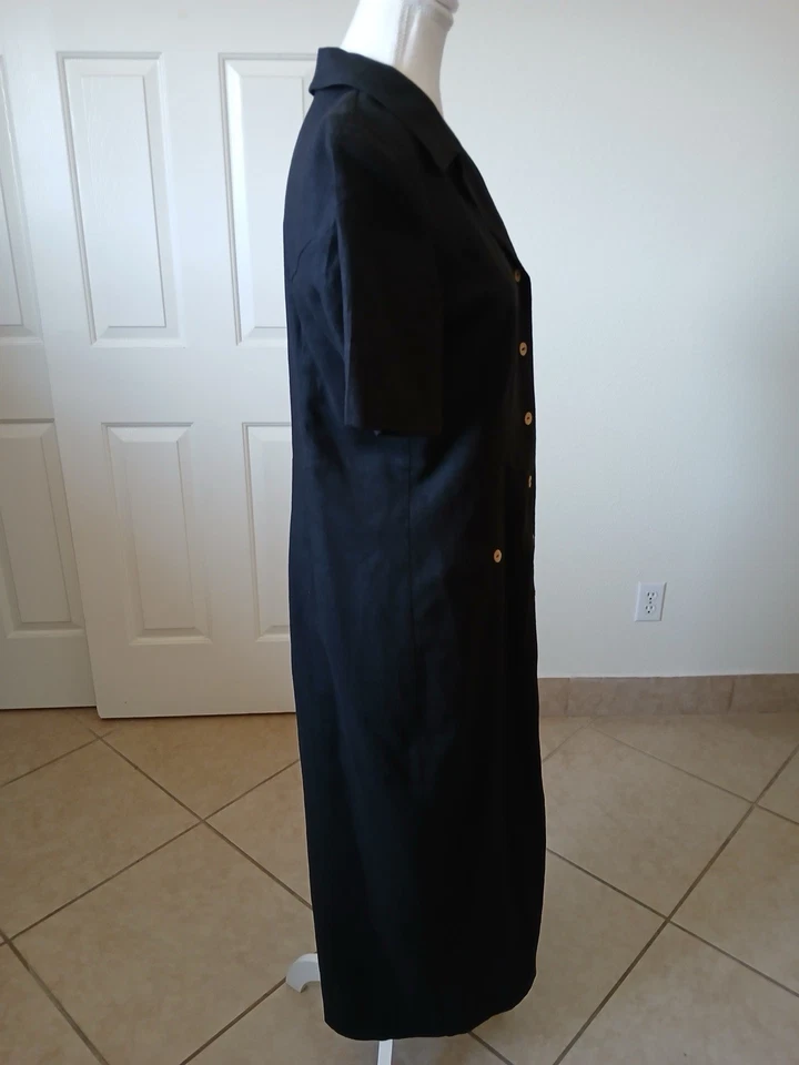 Vestido Karin Steven’s Mujer Negro Mezcla Lino Manga Corta Madera Botón Talla 12 Foto 4 de 4
