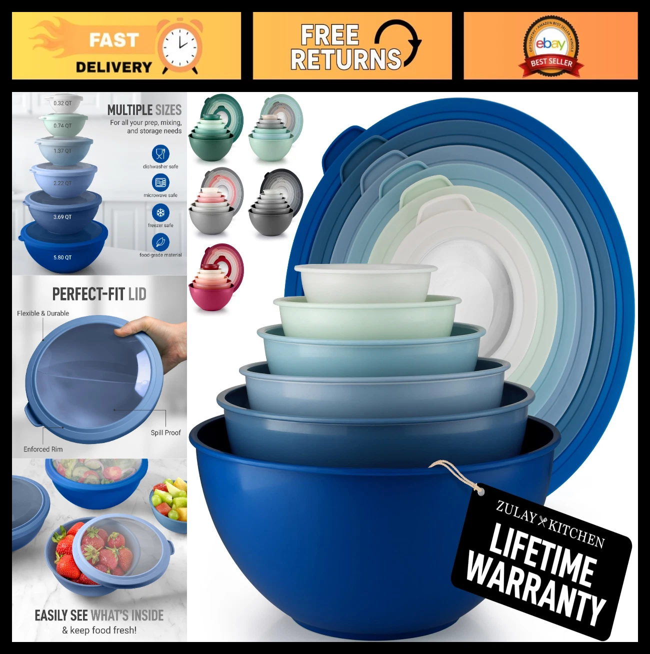 12-Piece Plastic Mixing Bowls Set with Lids - Leak-Proof, Microwave & Freezer Sa