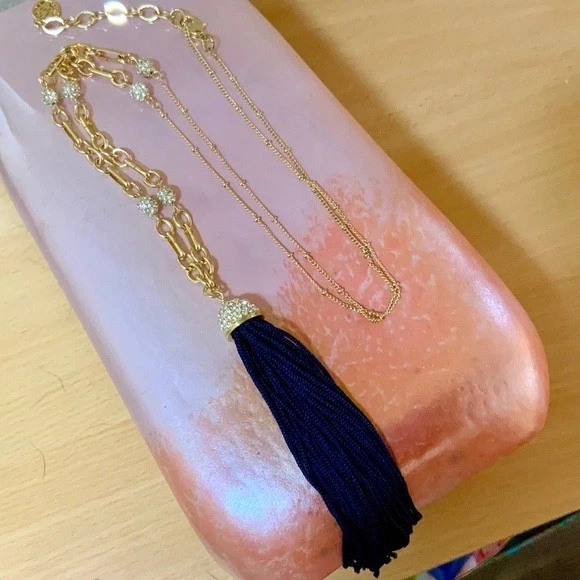 LILLY PULITZER NECKLACE NWT Midnight Tassel Gold  Crystal Pave Ball Chain - Image 2 of 4