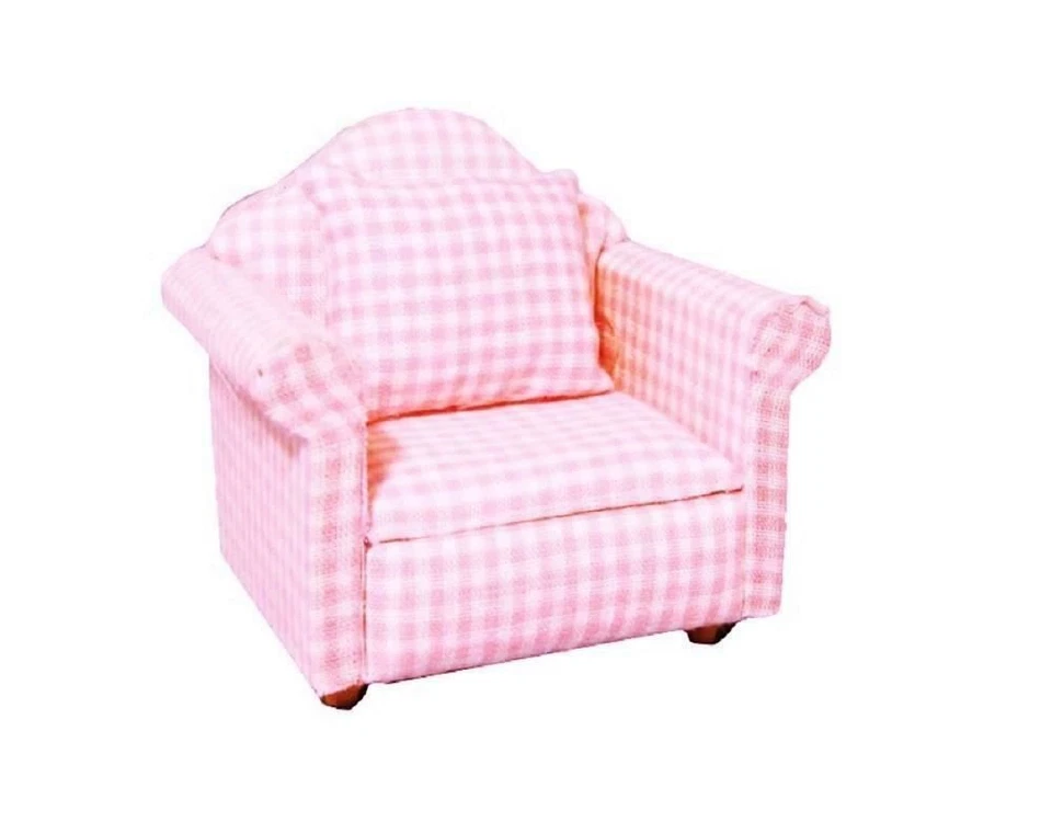 Dolls House Baby Pink Gingham Armchair Miniature Modern Living Room Furniture - Image 1 of 1