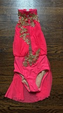 Women  s Pink Sequined Dance Costume Leotard Bodysuit, Gold Appliqu 