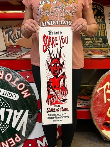 Vintage Style Metal Sign Scare Prices Devil NOT Porcelain 25x8 Made USA