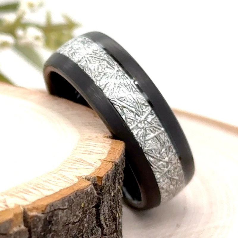 8mm Black Tungsten Christmas Gifts Her Ring Brushed Silver meteorite Inlay Band