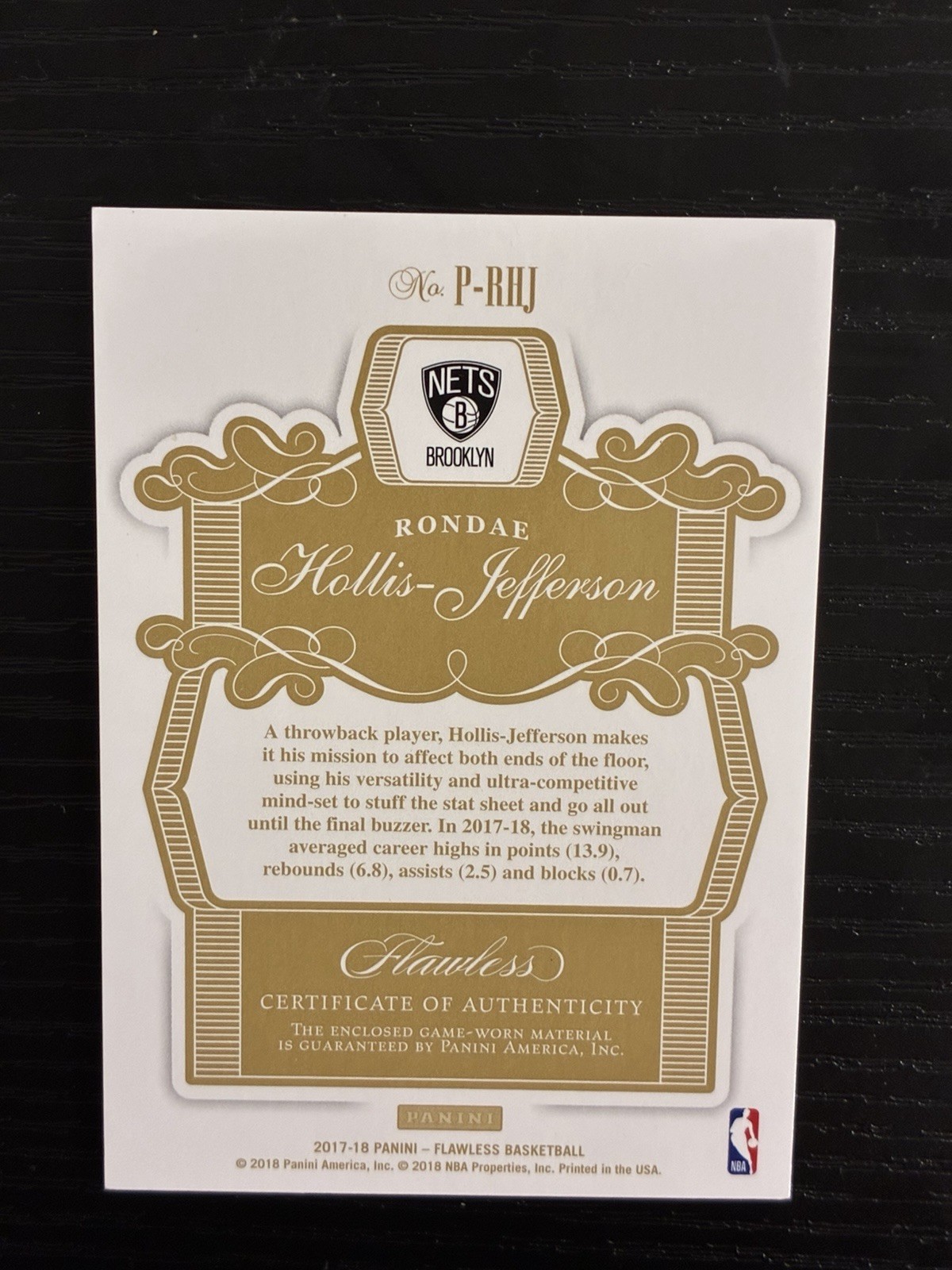2017-18 Rondae Hollis Jefferson Platinum Flawless Nets Logo 1/1 Game Worn Patch view 2