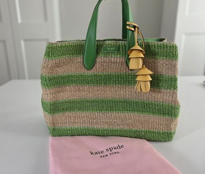 KATE SPADE Manhattan Large Straw Tote Green Stripe RARE!