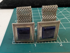 Vintage Swank Blue Cabochon Mesh Wrap Cuff Links Silver Tone