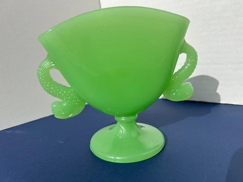 Vintage Fenton Jadeite Fan Vase with Ornate Dolphin or Fish Handles