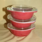 Vintage Set 3 Pyrex Flamingo Glass Mini-Casseroles w/Lids 086 & 080