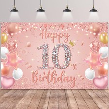 Happy 10th Birthday Decorations Banner Pink Rose Gold Decoration Backdrop Double