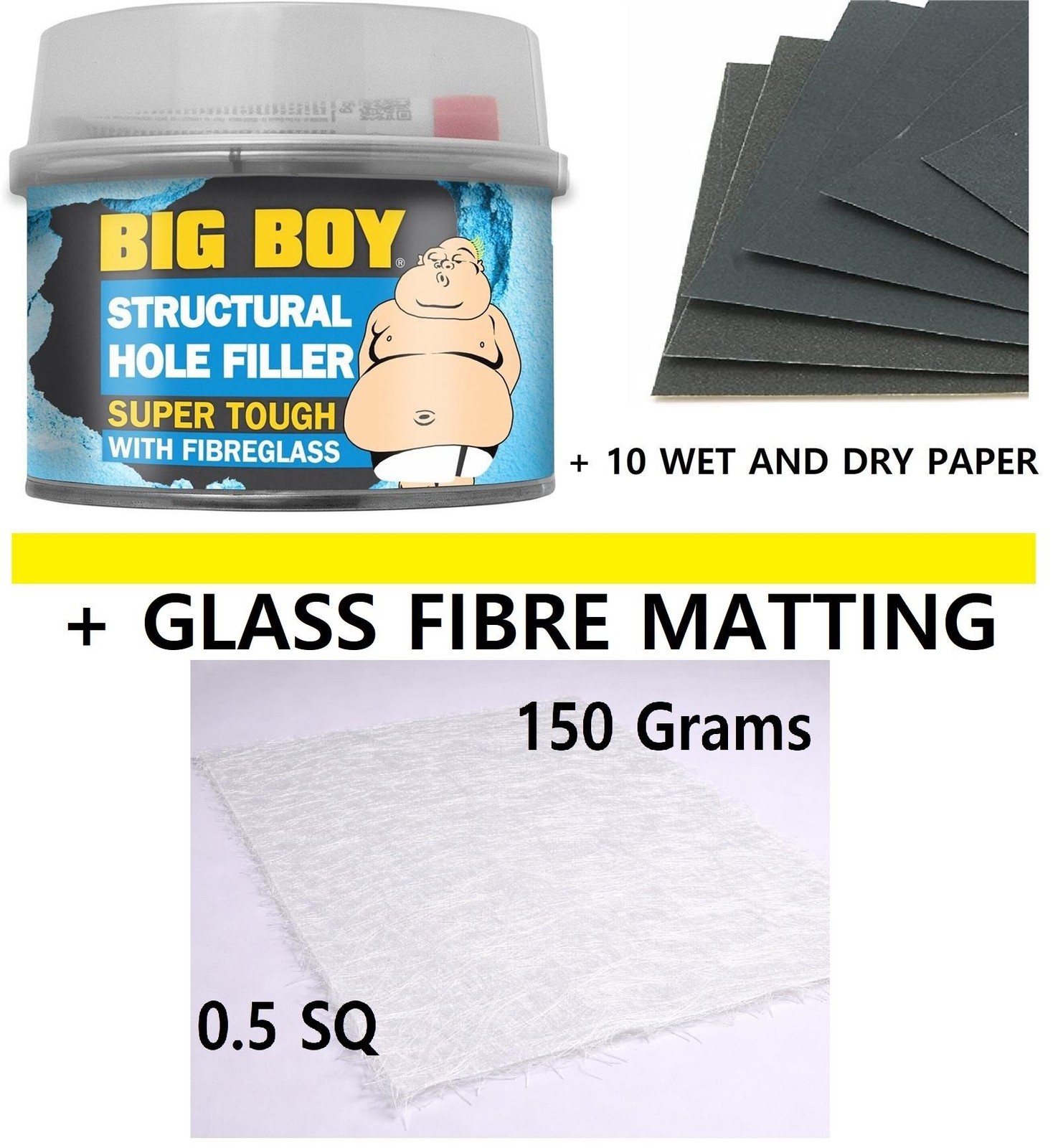 Glass Fibre Hard Filler Flexible + Wet and Dry Paper Sanding Sheets + Matting