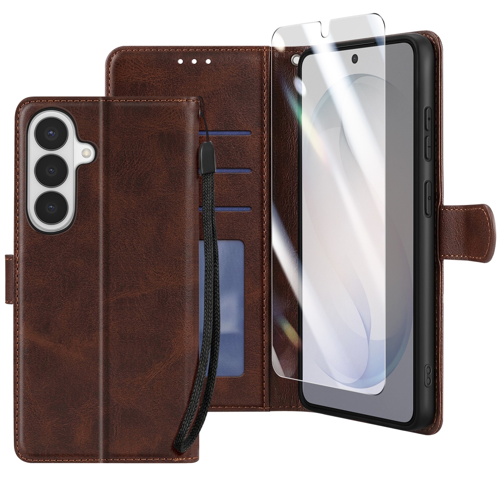 Étui en cuir marron Enkay pour Samsung S26, clapet premium style portefeuille