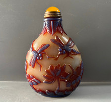 3.1" Art Coloured glaze Double layer nested Dragonfly flower statue Snuff Bottle
