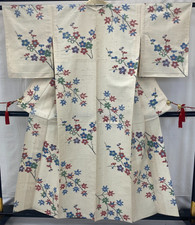 Japanese Vintage Kimono Silk White No Lining Komon Tumugi Traditional Length60in