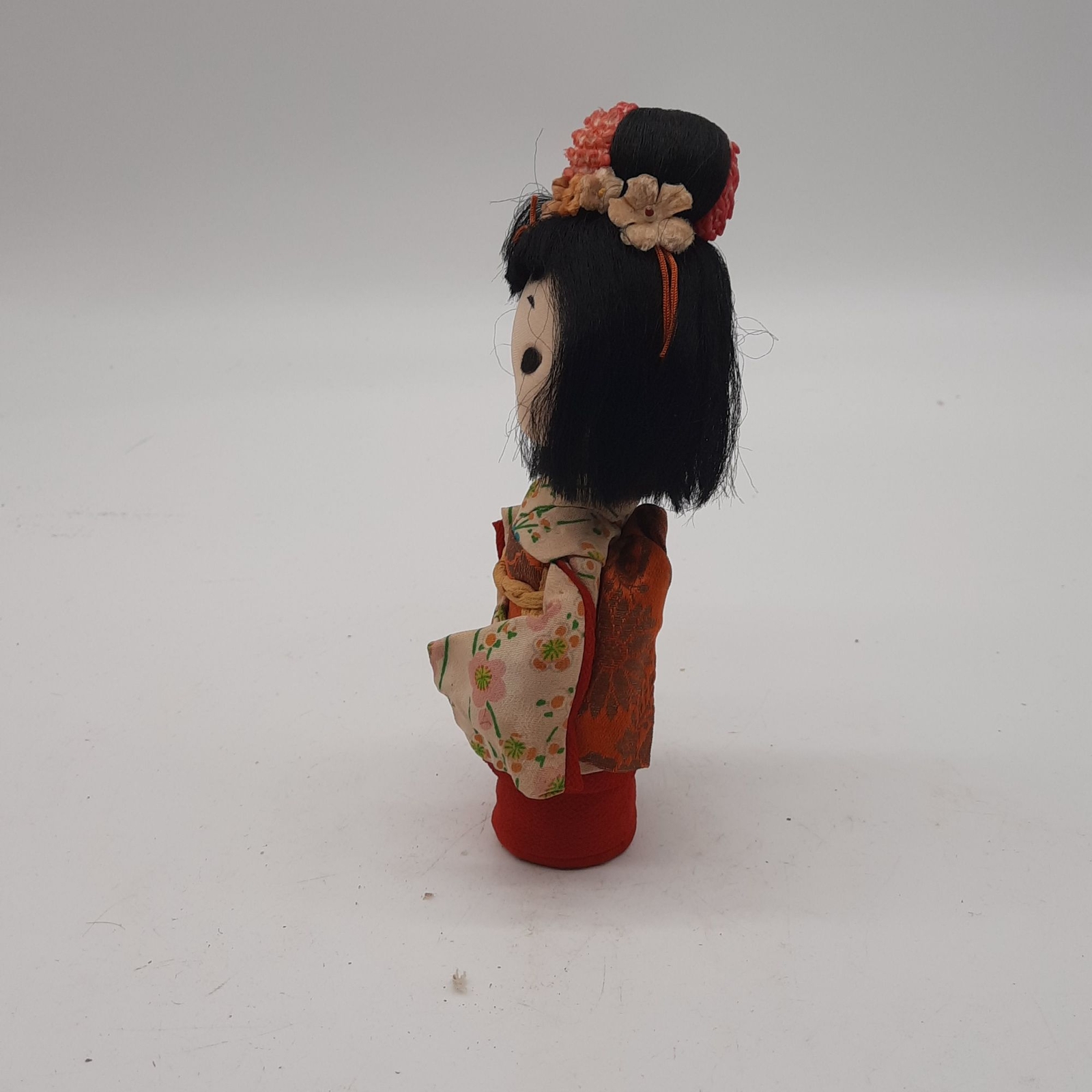 Vintage Japanese cloth doll pastel floral silk kimono ornate hair