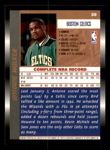 1998-99  Topps  #39 Antoine Walker Boston Celtics - Picture 2 of 2