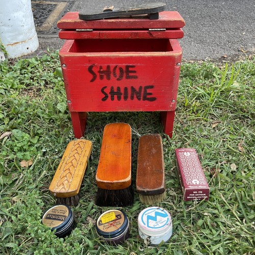 Vintage Shoe Shine Box Red Kit Vintage Wood Brushes & Creams - Picture 4 of 20