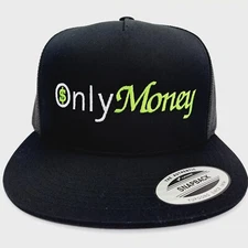 Only Money Embroidered Flat Bill Trucker Mesh Snapback Cap Black